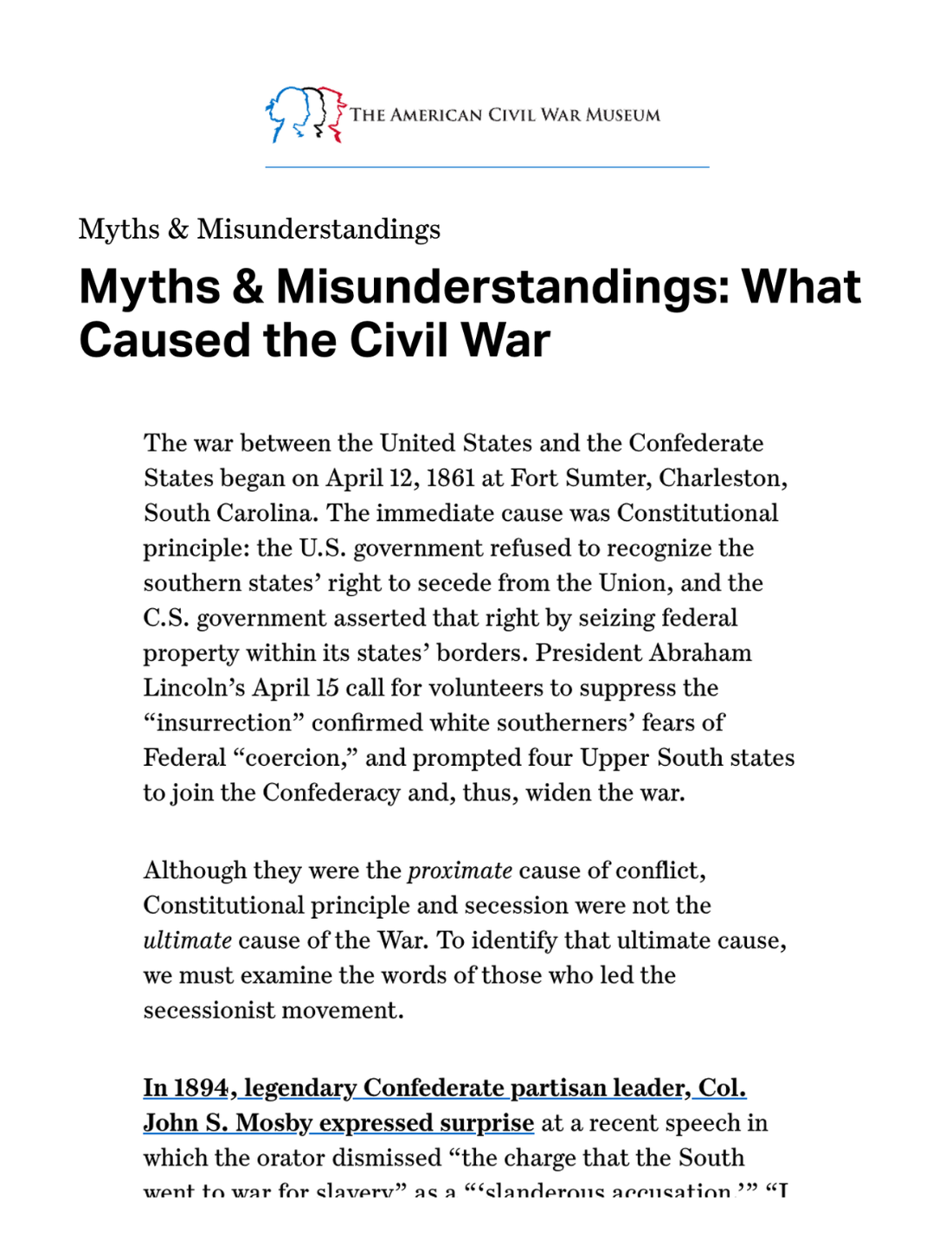 American Civil War Museum source article showing museum logo, title, and opening paragraphs