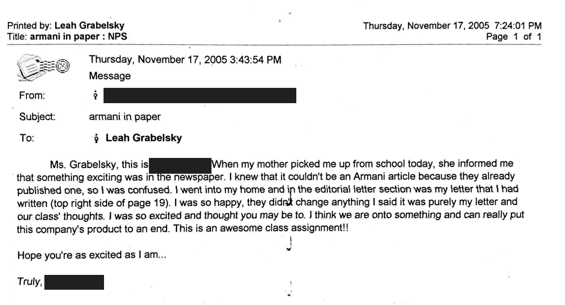 Printed November 17, 2005 email from a student describing the excitement of discovering her letter in the newspaper