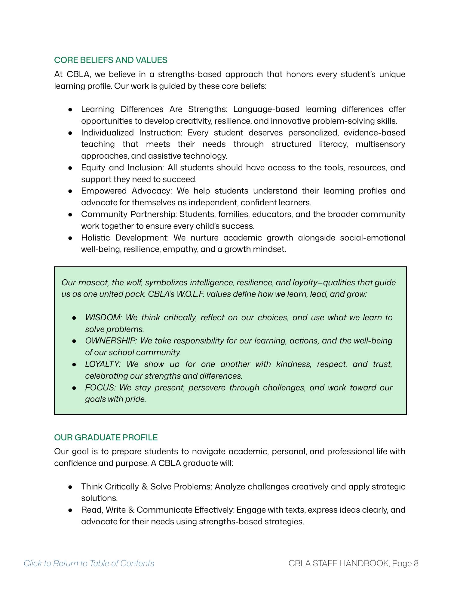 CBLA Staff Handbook page 8 with core beliefs, W.O.L.F. values, and graduate profile