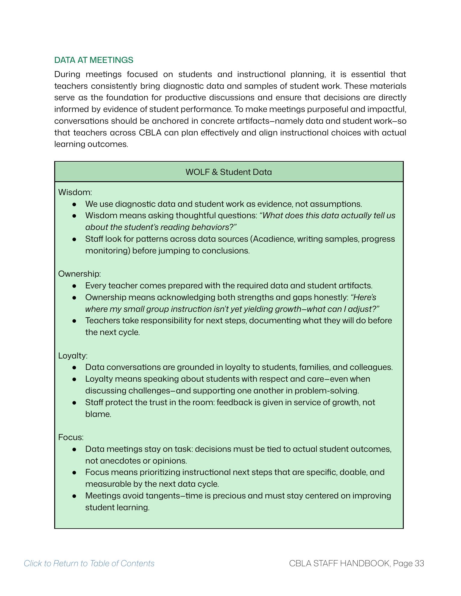 CBLA Staff Handbook page 33, data at meetings and W.O.L.F. student-data framework