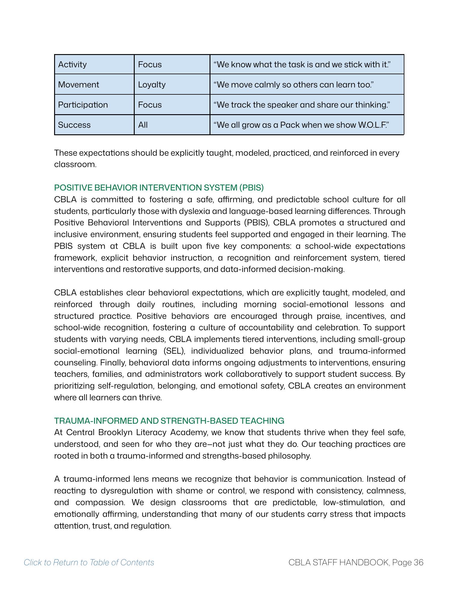 CBLA Staff Handbook page 36 showing PBIS and trauma-informed teaching