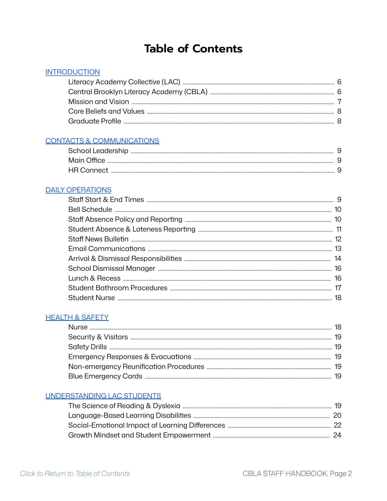CBLA Staff Handbook table of contents, page 2