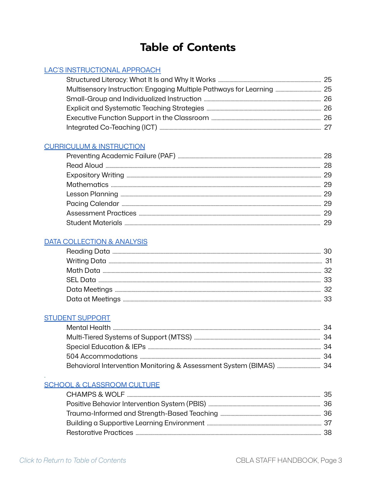CBLA Staff Handbook table of contents, page 3