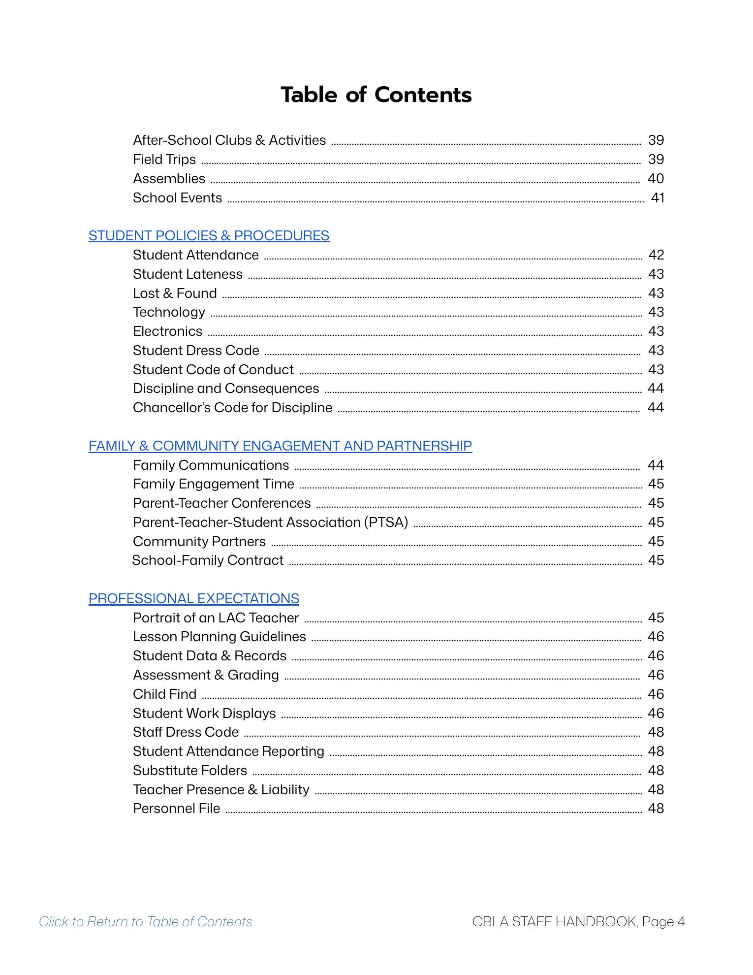 CBLA Staff Handbook table of contents, page 4