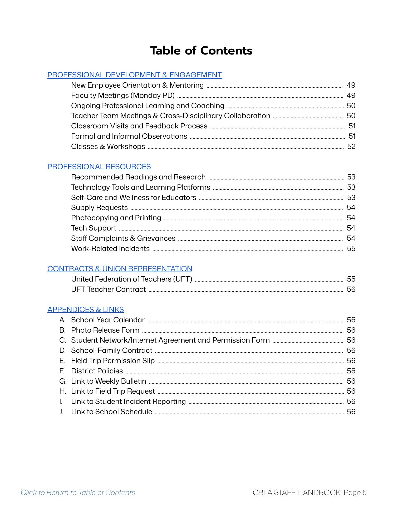 CBLA Staff Handbook table of contents, page 5