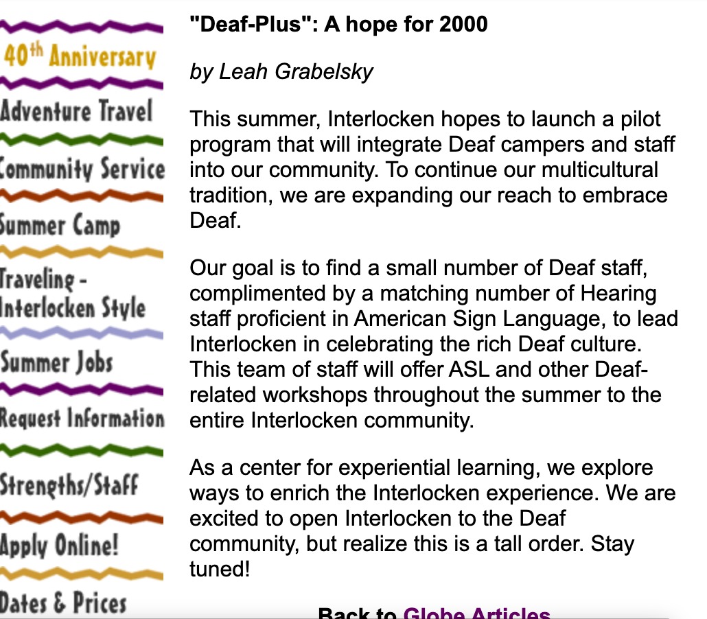 Original 1999 Interlocken webpage: the article Deaf-Plus: A hope for 2000, by Leah Grabelsky, alongside the site's navigation
