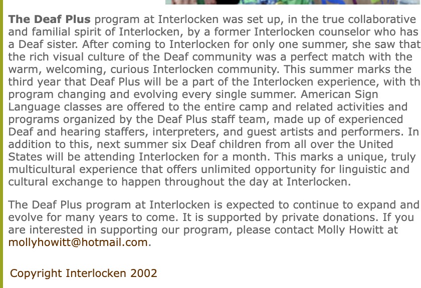 Interlocken 2002 program page describing the Deaf Plus program
