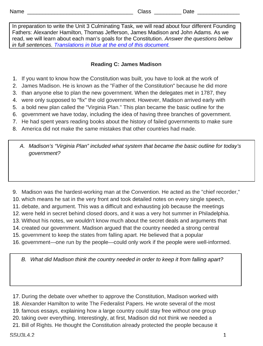 Original English James Madison assignment