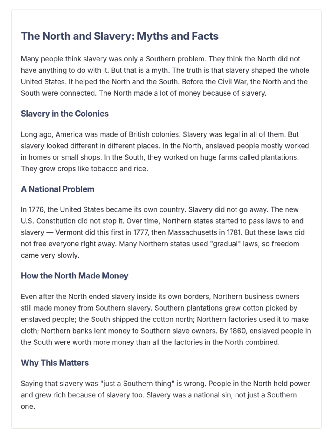 Adapted reading: The North and Slavery: Myths and Facts